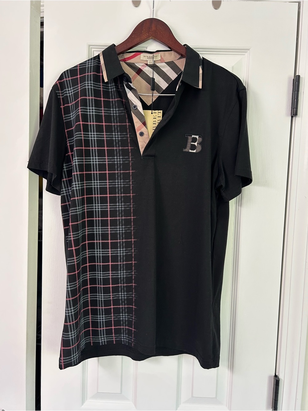 Burberry Black Polo with Red and Gray Plaid Panel